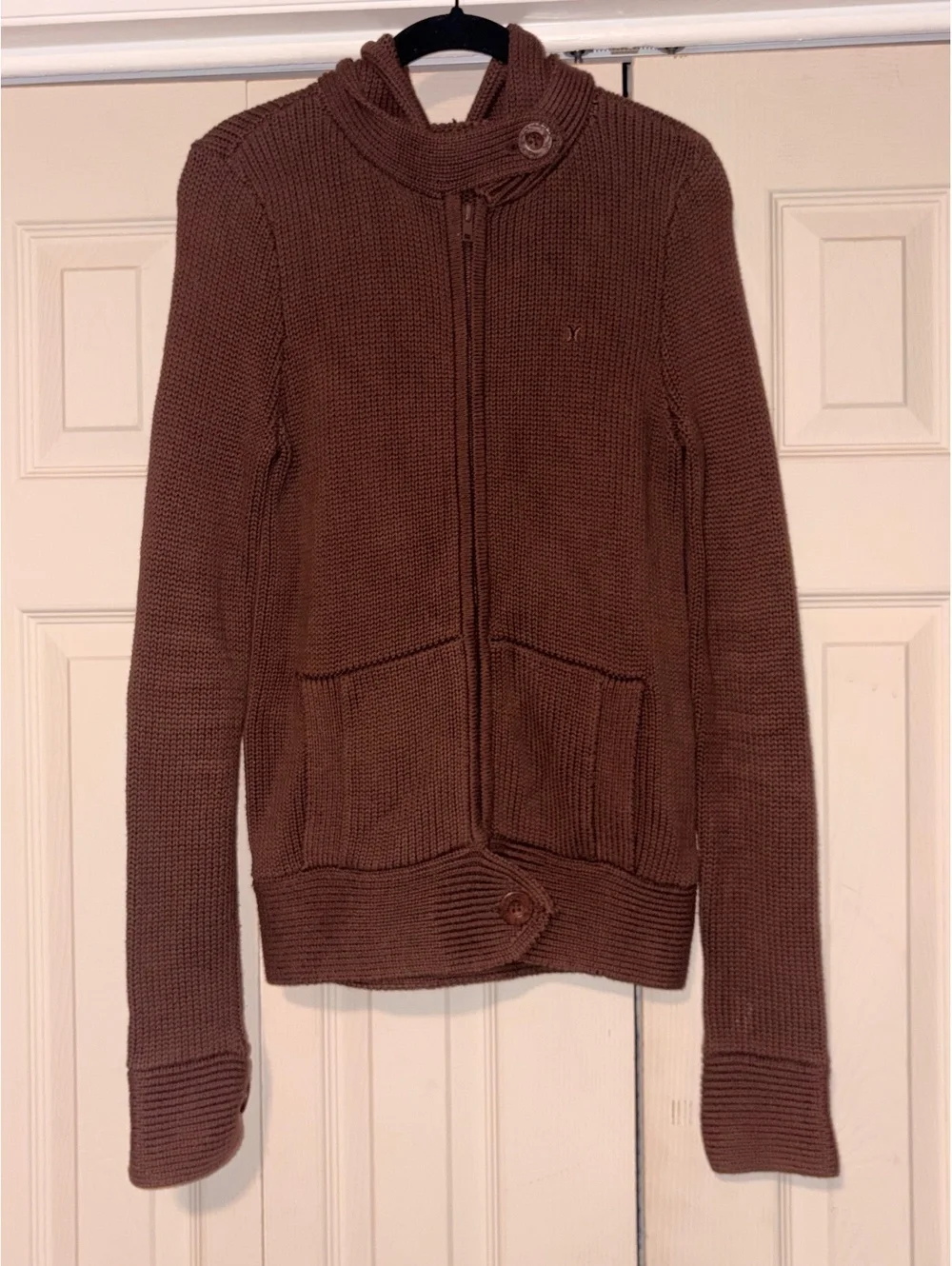 Vintage Hurley Sweater Womens M Brown Chunky Knit Full Zip Hooded Cardigan Y2K